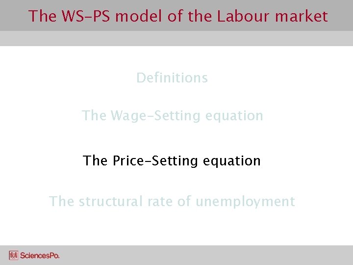 The WS-PS model of the Labour market Definitions The Wage-Setting equation The Price-Setting equation