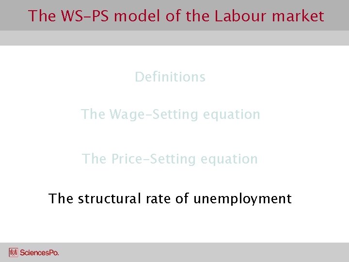 The WS-PS model of the Labour market Definitions The Wage-Setting equation The Price-Setting equation