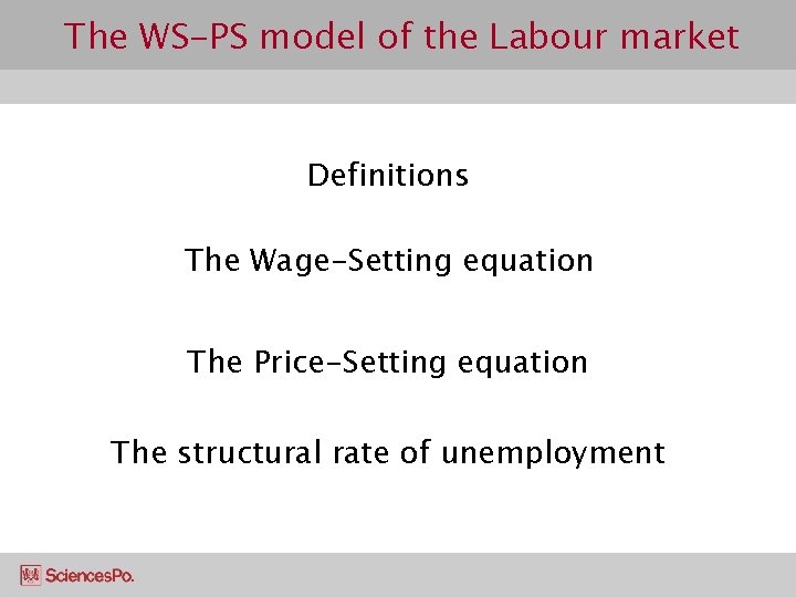 The WS-PS model of the Labour market Definitions The Wage-Setting equation The Price-Setting equation