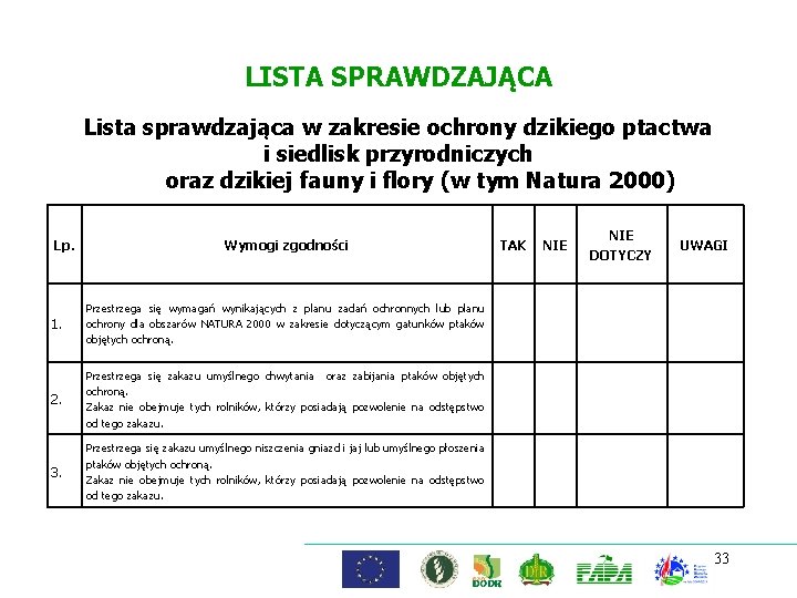 LISTA SPRAWDZAJĄCA Lista sprawdzająca w zakresie ochrony dzikiego ptactwa i siedlisk przyrodniczych oraz dzikiej