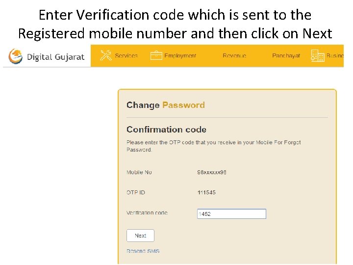 Enter Verification code which is sent to the Registered mobile number and then click