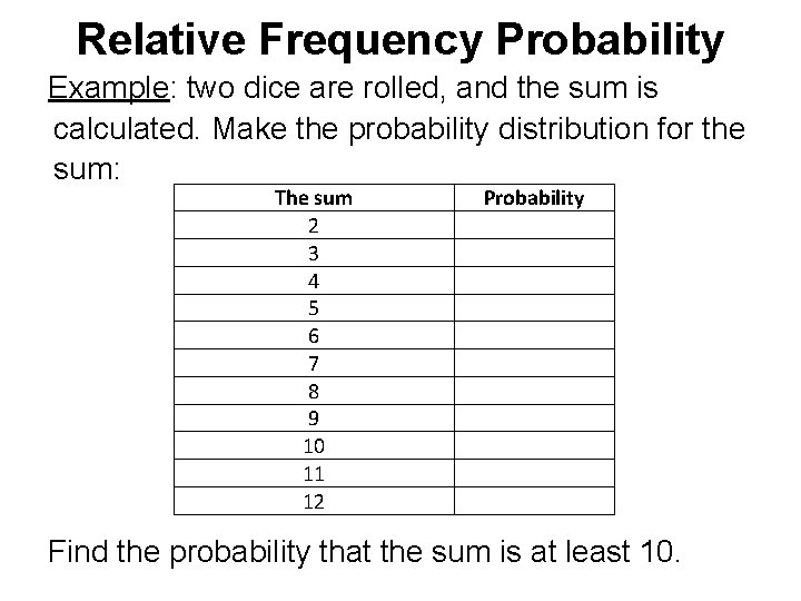 Relative Frequency Probability Example: two dice are rolled, and the sum is calculated. Make