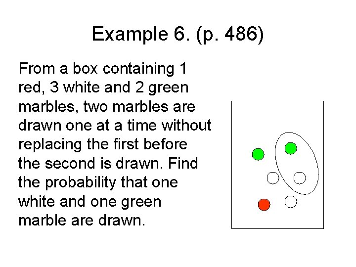 Example 6. (p. 486) From a box containing 1 red, 3 white and 2