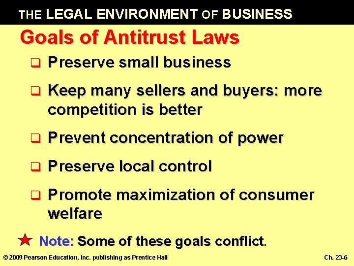 THE LEGAL ENVIRONMENT OF BUSINESS Goals of Antitrust Laws q Preserve small business q
