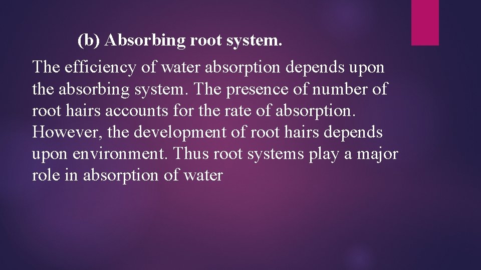 (b) Absorbing root system. The efficiency of water absorption depends upon the absorbing system.