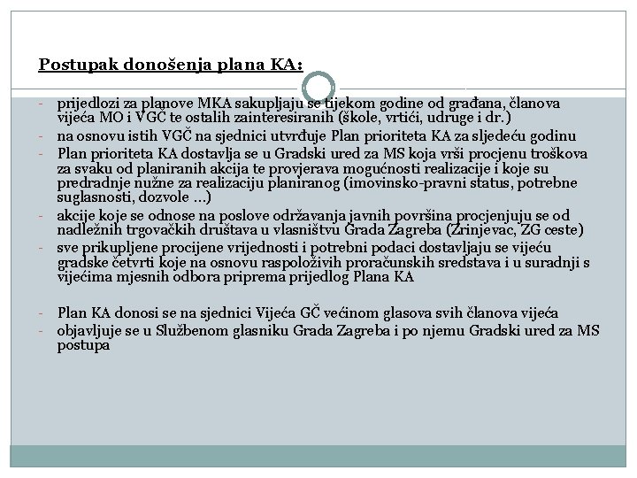 Postupak donošenja plana KA: - - - prijedlozi za planove MKA sakupljaju se tijekom