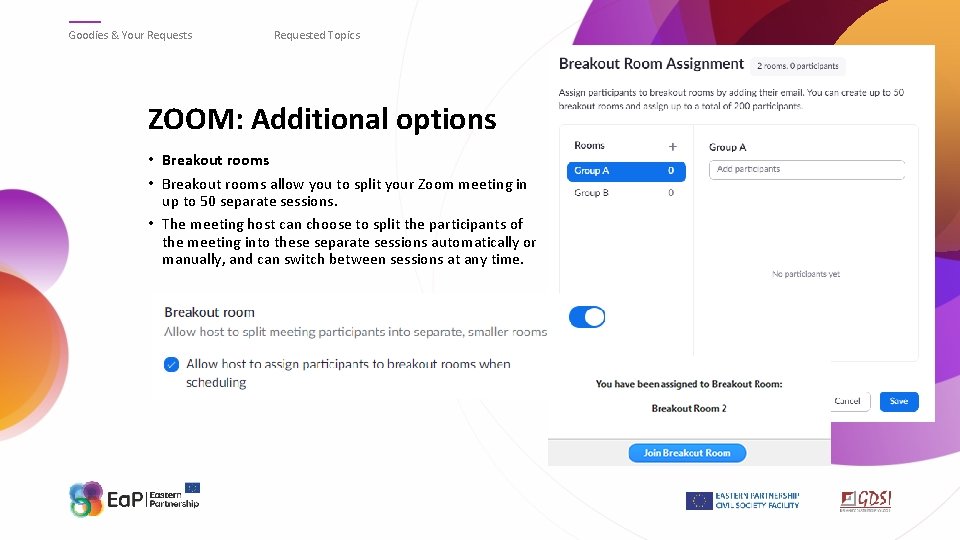 Goodies & Your Requests Requested Topics ZOOM: Additional options • Breakout rooms allow you