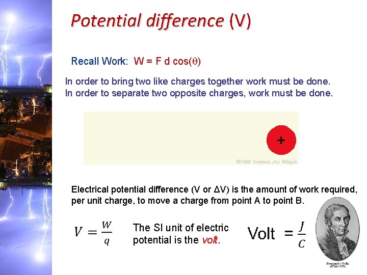 Potential difference (V) Recall Work: W = F d cos(q) In order to bring