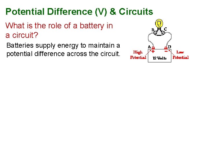 Potential Difference (V) & Circuits What is the role of a battery in a