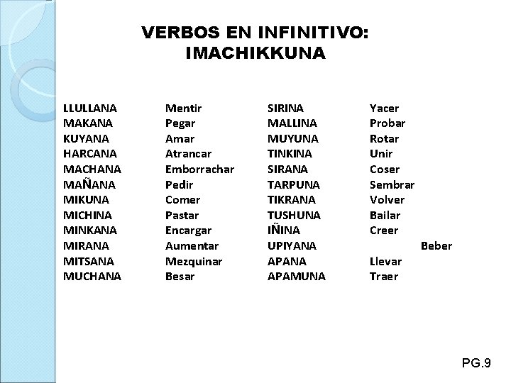 VERBOS EN INFINITIVO: IMACHIKKUNA LLULLANA MAKANA KUYANA HARCANA MACHANA MAÑANA MIKUNA MICHINA MINKANA MIRANA
