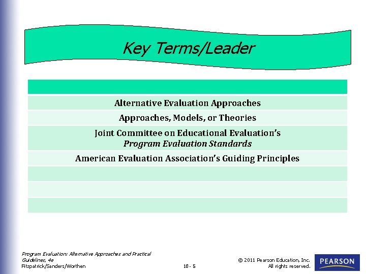Key Terms/Leader Alternative Evaluation Approaches, Models, or Theories Joint Committee on Educational Evaluation’s Program