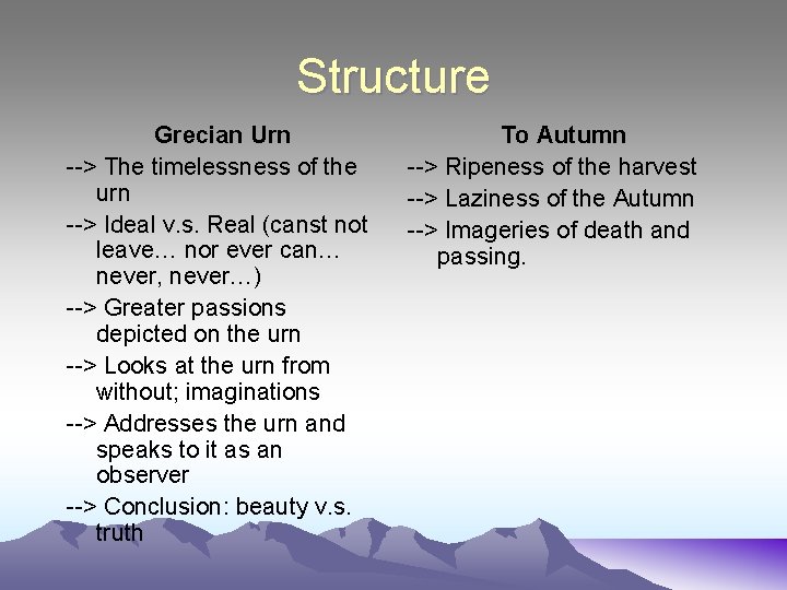 Structure Grecian Urn --> The timelessness of the urn --> Ideal v. s. Real