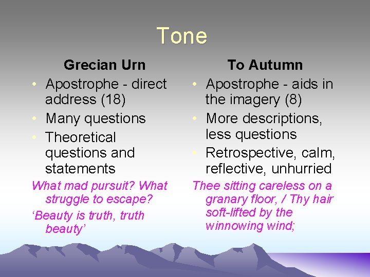 Tone Grecian Urn • Apostrophe - direct address (18) • Many questions • Theoretical