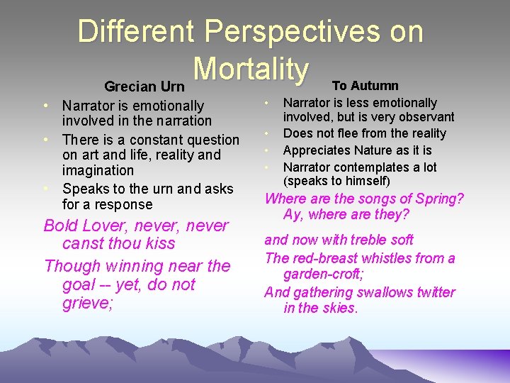 Different Perspectives on Mortality To Autumn Grecian Urn • Narrator is emotionally involved in