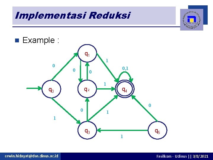 Implementasi Reduksi n Example : q 1 0 0, 1 0 q₂ q 0