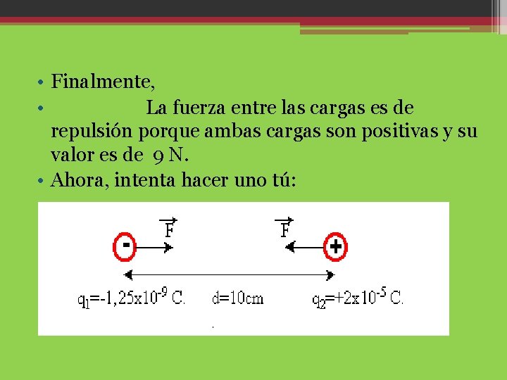  • Finalmente, • La fuerza entre las cargas es de repulsión porque ambas