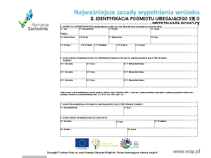 Najważniejsze zasady wypełniania wniosku II. IDENTYFIKACJA PODMIOTU UBIEGAJĄCEGO SIĘ O PRZYZNANIE POMOCY 5. ADRES