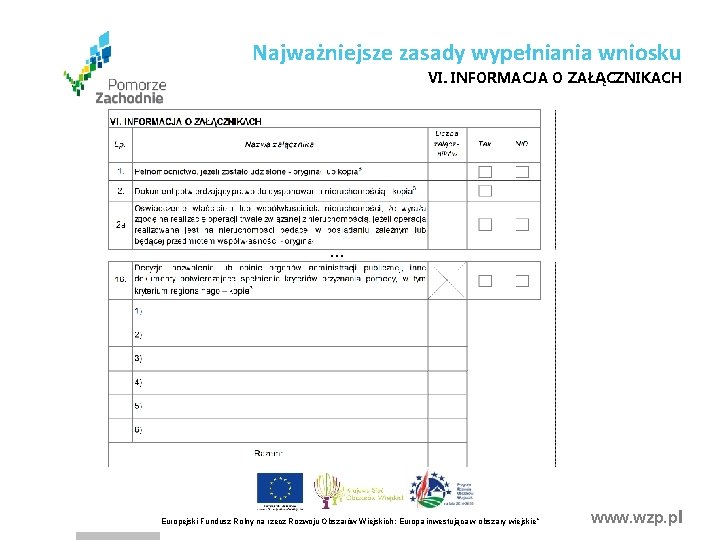 Najważniejsze zasady wypełniania wniosku VI. INFORMACJA O ZAŁĄCZNIKACH . . . Europejski Fundusz Rolny Najważniejsze zasady wypełniania wniosku VI. INFORMACJA O ZAŁĄCZNIKACH . . . Europejski Fundusz Rolny