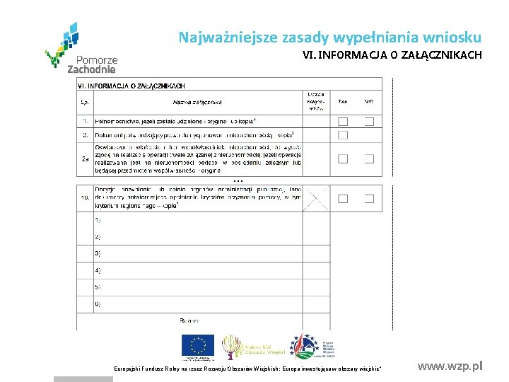 Najważniejsze zasady wypełniania wniosku VI. INFORMACJA O ZAŁĄCZNIKACH . . . Europejski Fundusz Rolny
