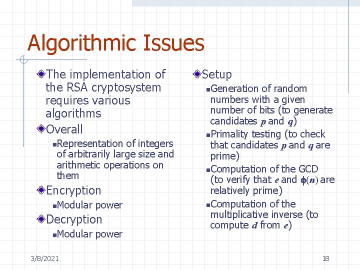 Algorithmic Issues The implementation of the RSA cryptosystem requires various algorithms Overall Representation of