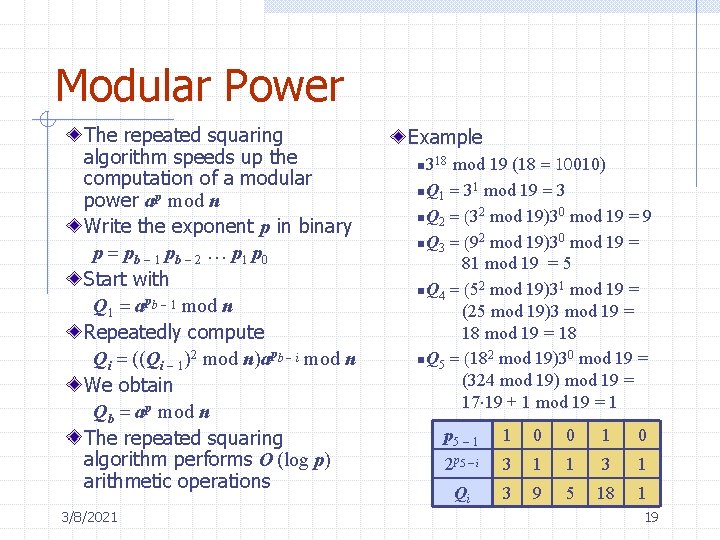 Modular Power The repeated squaring algorithm speeds up the computation of a modular power