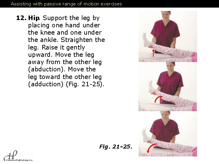 Assisting with passive range of motion exercises 12. Hip. Support the leg by placing