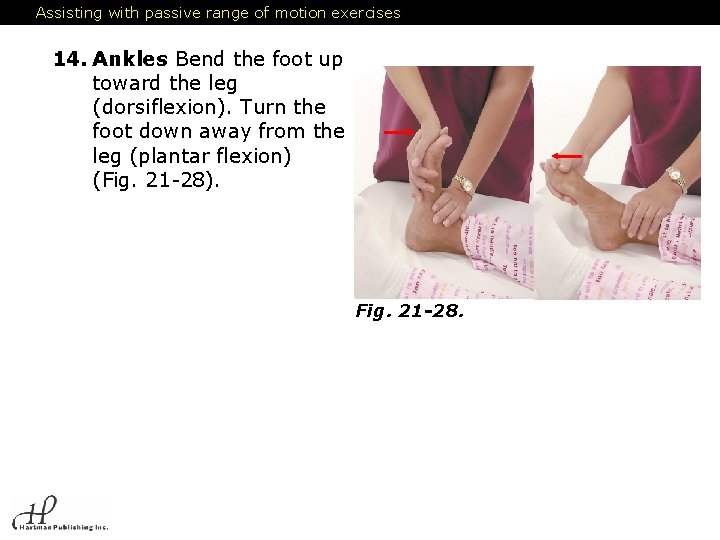 Assisting with passive range of motion exercises 14. Ankles. Bend the foot up toward