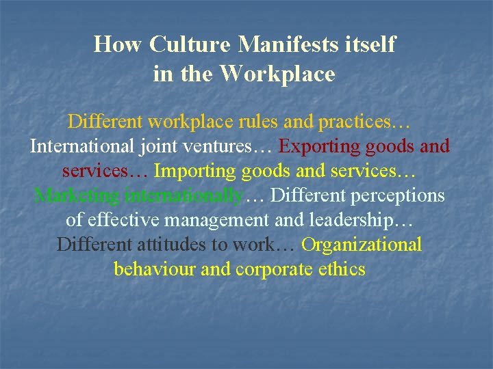 How Culture Manifests itself in the Workplace Different workplace rules and practices… International joint