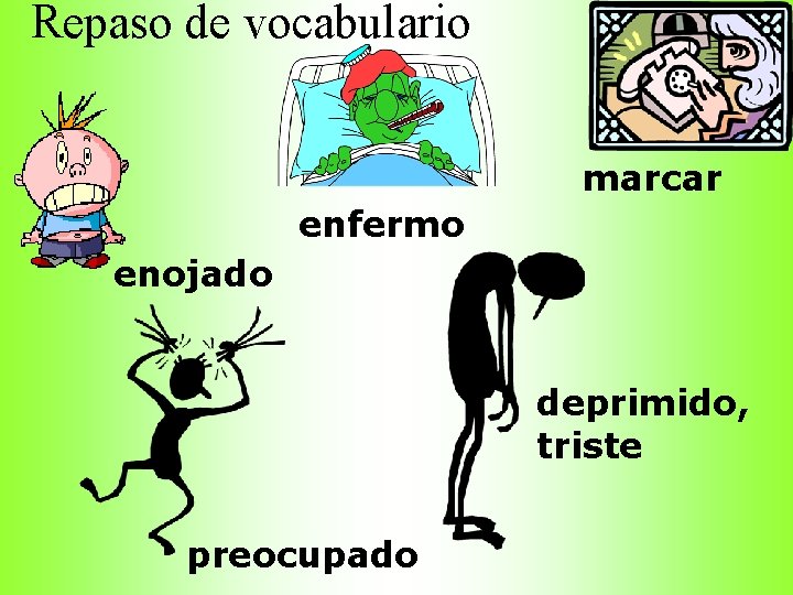 Repaso de vocabulario marcar enfermo enojado deprimido, triste preocupado 