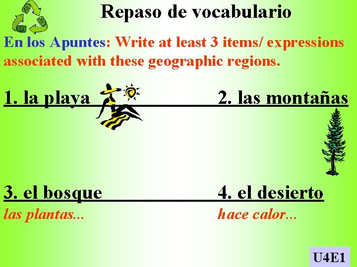 Repaso de vocabulario En los Apuntes: Write at least 3 items/ expressions associated with