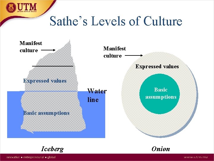 Sathe’s Levels of Culture Manifest culture Expressed values Water line Basic assumptions Iceberg Onion