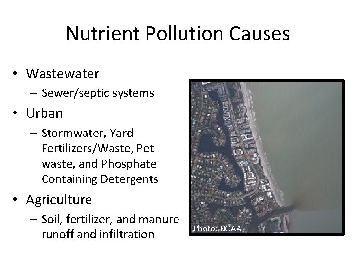 Nutrient Pollution Causes • Wastewater – Sewer/septic systems • Urban – Stormwater, Yard Fertilizers/Waste,