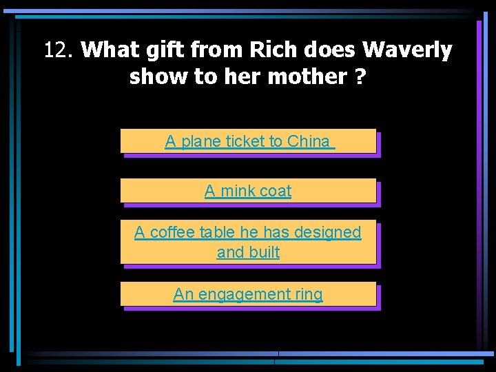12. What gift from Rich does Waverly show to her mother ? A plane