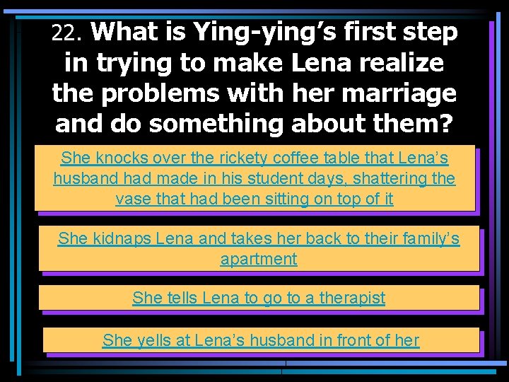 22. What is Ying-ying’s first step in trying to make Lena realize the problems