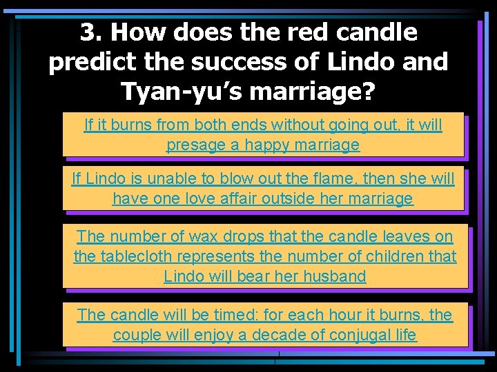 3. How does the red candle predict the success of Lindo and Tyan-yu’s marriage?