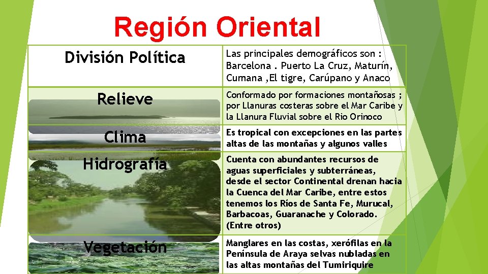 Región Oriental División Política Las principales demográficos son : Barcelona. Puerto La Cruz, Maturín,