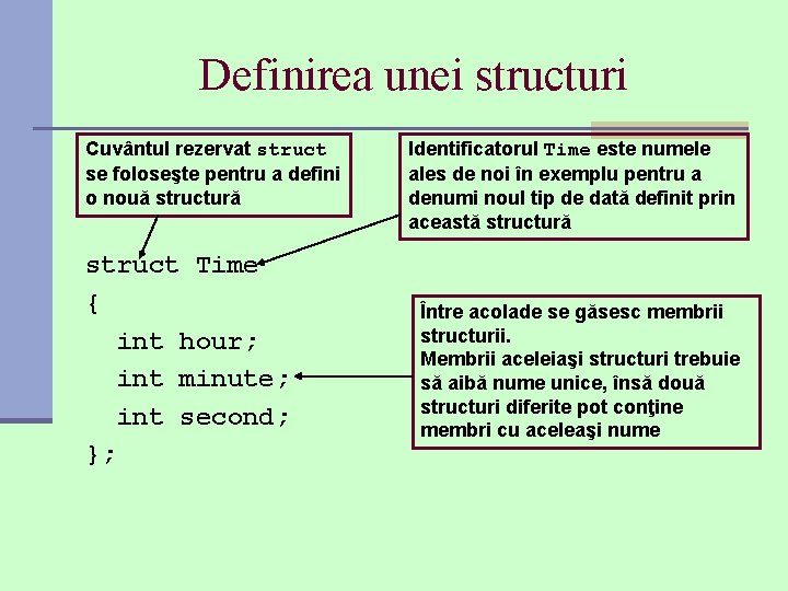Definirea unei structuri Cuvântul rezervat struct se foloseşte pentru a defini o nouă structură