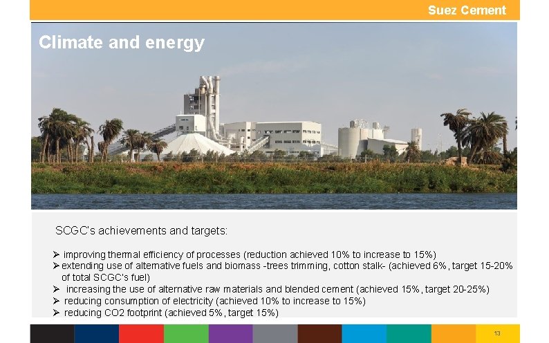 Climate and energy Suez Cement Group SCGC’s achievements and targets: Ø improving thermal efficiency