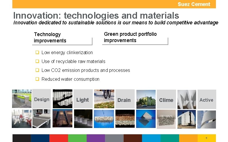 Suez Cement Group Innovation: technologies and materials Innovation dedicated to sustainable solutions is our