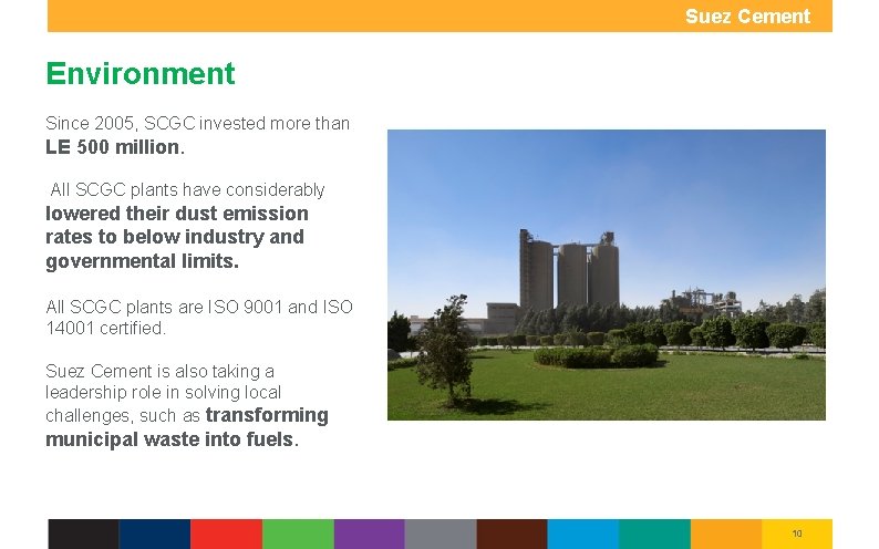 Suez Cement Group Environment Since 2005, SCGC invested more than LE 500 million. All