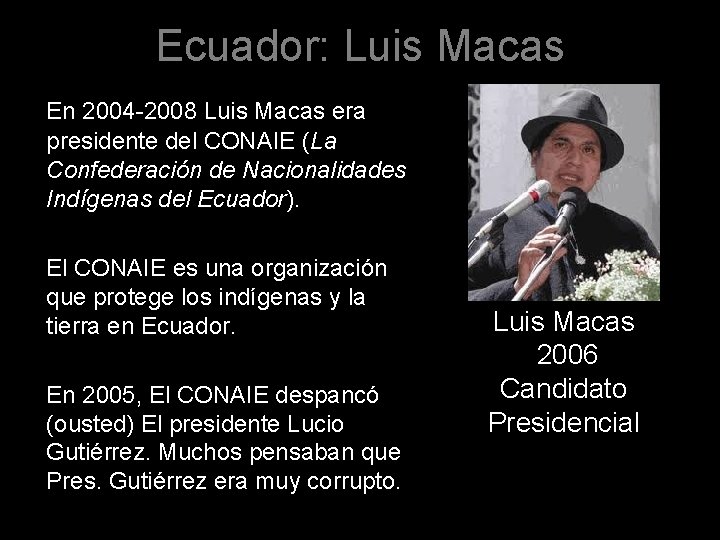 Ecuador: Luis Macas En 2004 -2008 Luis Macas era presidente del CONAIE (La Confederación Ecuador: Luis Macas En 2004 -2008 Luis Macas era presidente del CONAIE (La Confederación