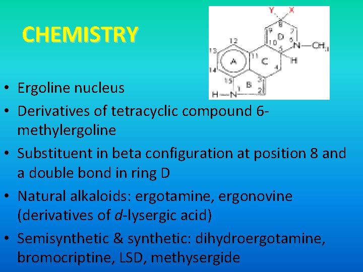 CHEMISTRY • Ergoline nucleus • Derivatives of tetracyclic compound 6 methylergoline • Substituent in