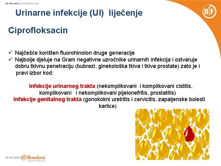 Urinarne infekcije (UI) liječenje Kod svih navedenih target klijenata Ciprofloksacin ü Najčešće korišten fluorohinolon