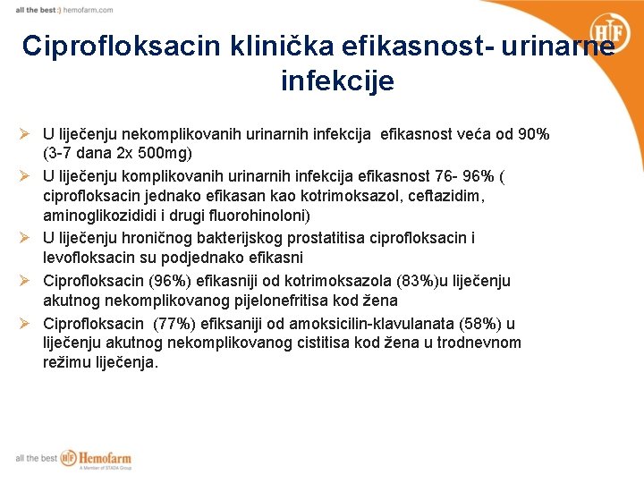 Ciprofloksacin klinička efikasnost- urinarne infekcije Ø U liječenju nekomplikovanih urinarnih infekcija efikasnost veća od