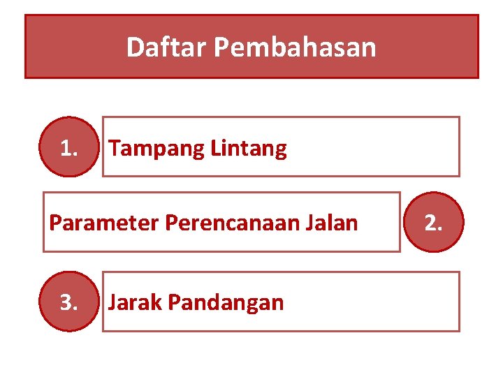 Daftar Pembahasan 1. Tampang Lintang Parameter Perencanaan Jalan 3. Jarak Pandangan 2. 