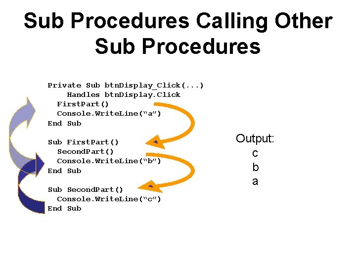 Sub Procedures Calling Other Sub Procedures Private Sub btn. Display_Click(. . . ) Handles