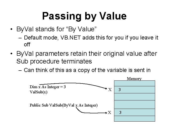 Passing by Value • By. Val stands for “By Value” – Default mode, VB.