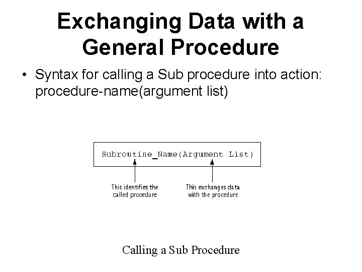 Exchanging Data with a General Procedure • Syntax for calling a Sub procedure into