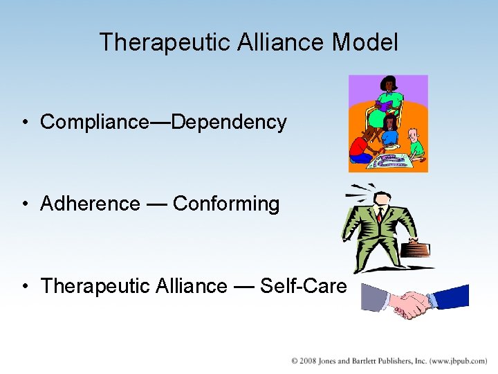 Therapeutic Alliance Model • Compliance—Dependency • Adherence — Conforming • Therapeutic Alliance — Self-Care