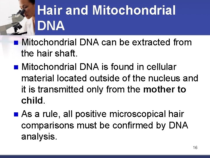 Hair and Mitochondrial DNA can be extracted from the hair shaft. n Mitochondrial DNA